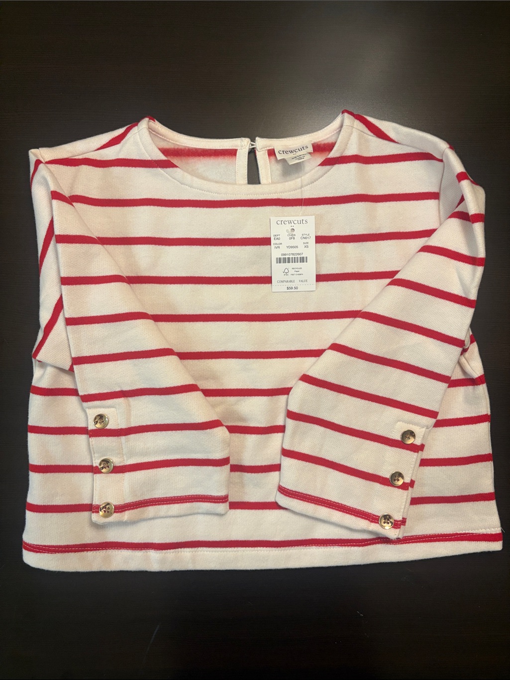 Crewcuts Cream & Red Striped Long Sleeve Top With Button Cuffs